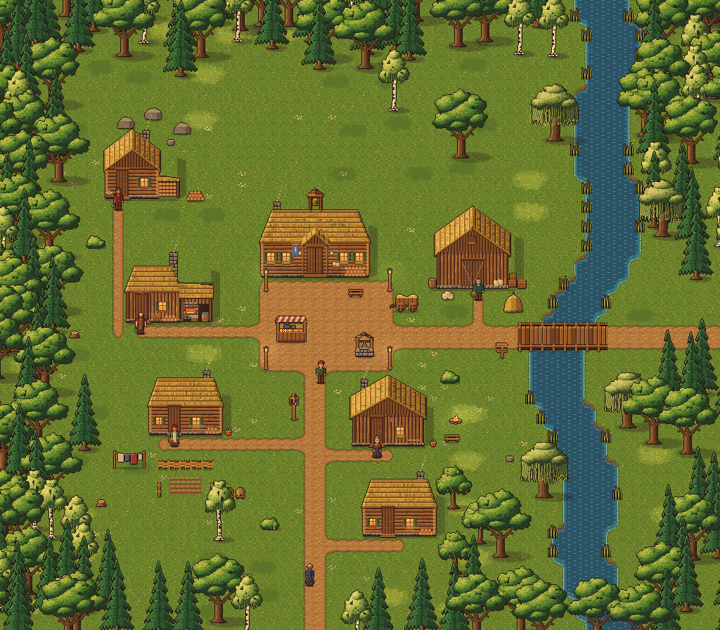 A pixel-art fantasy village beside a river